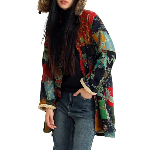FioraMosaic Women's Boho Floral Patchwork Fleece-Lined Jacket, Warm Color-Blocked Plaid