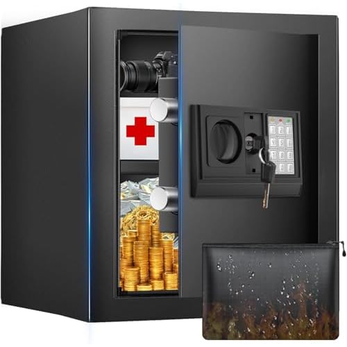 30L Safe Tresor Feuerfest mit Feuerfest Wasserdicht Geldtasche, Digitaler Heimtresor mit Herausnehmbares Regal und Externe Batteriebox, Möbeltresor für Munition Waffen Bargeld Schmuck A4 Dokumente