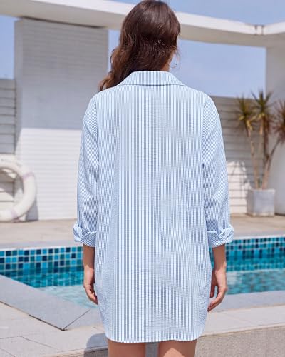 Image of Bsubseach Women Long Sleeve Beach Shirt Blouses Bathing Suit Cover Up Button Down Collar