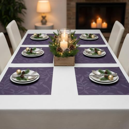 Image of YELONA Dining Table Placemats Set of 6 - Heat-Resistant, Non-Slip, Washable & Stain Resistant Woven PVC Vinyl Table Mats for Kitchen & Dining - 45 x 30 cm, PeachPurple