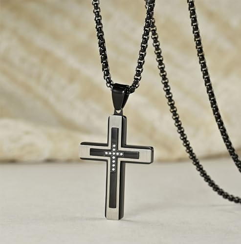 MOOSKI Cross Necklace for Men,Silver Gold Black Mens Cross Necklaces with Cross Chain and 316 Stainless Steel Cross Pendant Jewelry Gifts,Rolo Chain 20-28 Inch4