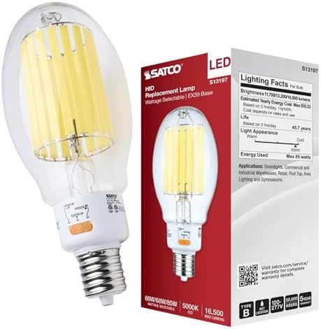 Satco S13197 60W/68W/85W Selectable LED HID Replacement Bulb, 5000K Natural Light, Up to 16,500 Lumens, EX39 Mogul Extended Base, Clear Finish, 80+ CRI, Dimmable, LED, Industrial and Commercial
