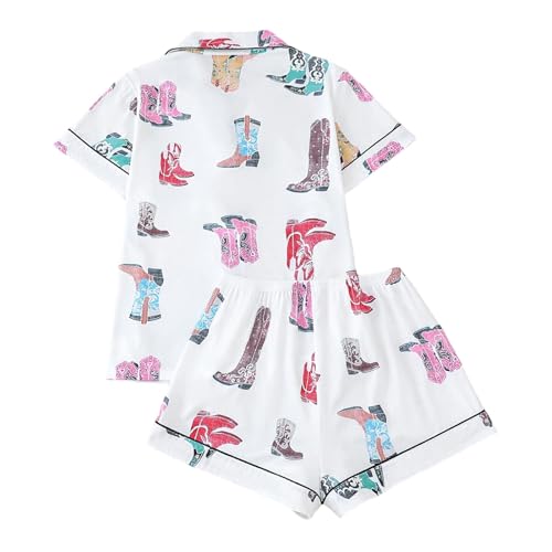 Women's Floral Boot Print Lapel Short Sleeve Pyjama Set - Comfy Loungewear for All Seasons#Z White