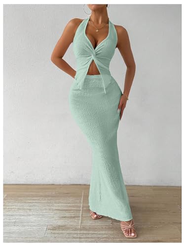 Image of SOLY HUX Women's Two Piece Outfits Twist Front Halter Cami Tops and Skirt Summer Set