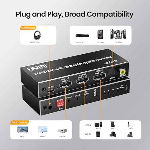 image for 4K@60Hz HDMI eARC Splitter 1 in 2 Out, avedio links HDMI Switch 2 in 1