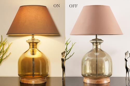 Image of Alper Smoke Luster Glass Table Lamp with Beige Cotton Shade | Modern Designer Bedside & Living Room Decorative Table Light (Bulb Included)
