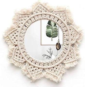 Macrame Round Mirror for Bedroom Decor Handmade Boho Wall Hanging Aaina for Make Up Dressing and Living Room Party Home Decoration, 17 X 17 Inches, 1 Piece,Style-08-B