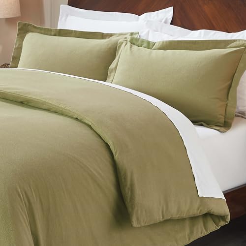 Image of Superior Rome Flannel Cotton Duvet Set, Soft Brushed Duvet Cover, Modern Farmhouse Bedding, Basics, Comforter or Duvet Insert Cover, Includes; Duvet Cover, Pillow Sham, Twin, Solid Sage