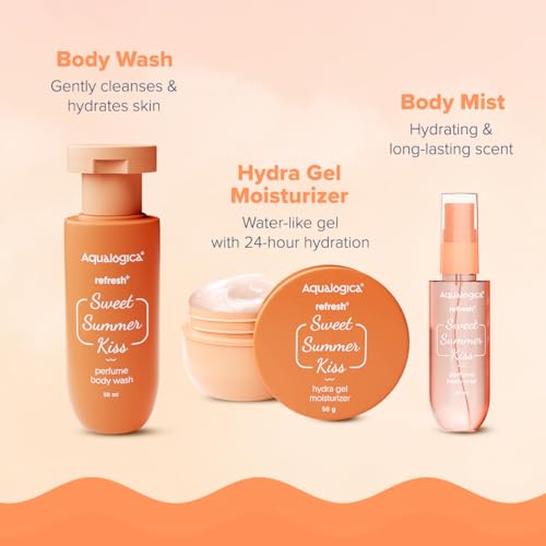 Image of Aqualogica Refresh+ Sweet Summer Kiss Body Care Set | Perfume Body Wash + Perfume Mist + Hydra Gel Moisturizer