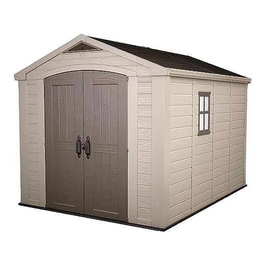 Keter Factor 8x11 Foot Large Resin Outdoor Shed with Floor for Patio Furniture, Lawn Mower, and Bike Storage, Taupe & Brown