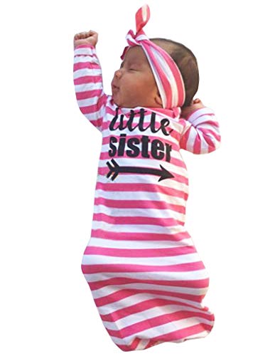 DPSKY Newborn Baby Sleeper Gowns & Headband Little Sister Brother Printed Striped Baby Sleeping Bag (Pink)