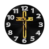 Tokihime Silent Non-Ticking 10-Inch Wall Clock Christian Jesus Cross Flat Round Decorative Quartz Clock for Living Room,Bedroom,Kitchen