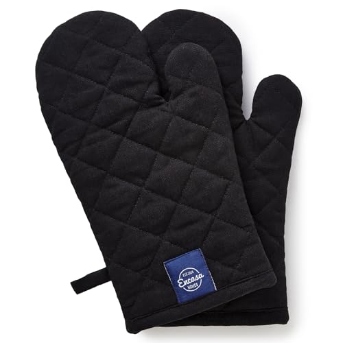 Encasa XO Heat Resistant Cotton Oven Gloves Mitts (2 Pc Set) - Quilted & Safe 12x6.6 in - for Kitchen, Cooking & Baking, Grilling, Handling Hot Pots & Pans - Full Black