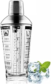 FLOW Barware Glass Cocktail Shaker with Recipes On Side | Glass Cocktail Making Set Includes Cocktail Measuring Glass, Strainer & Recipes All in One Cocktail Shaker Set