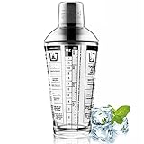 Set di shaker da cocktail di alta qualità realizzato in resistente vetro temperato con un filtro in acciaio inossidabile 304 integrato, questo elegante mixer da cocktail stupirà sicuramente i tuoi ospiti. Il bicchiere da cocktail pesante da 400 ml è compatibile con qualsiasi shaker da cocktail Boston ed è stampato con 6 ricette classiche per cocktail. Dotato di un pratico misurino doppio per bevande in ML & Oz, assicura che i tuoi ingredienti da cocktail siano mescolati alla perfezione ogni volta.