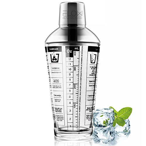 Set di shaker da cocktail di alta qualità realizzato in resistente vetro temperato con un filtro in acciaio inossidabile 304 integrato, questo elegante mixer da cocktail stupirà sicuramente i tuoi ospiti. Il bicchiere da cocktail pesante da 400 ml è compatibile con qualsiasi shaker da cocktail Boston ed è stampato con 6 ricette classiche per cocktail. Dotato di un pratico misurino doppio per bevande in ML & Oz, assicura che i tuoi ingredienti da cocktail siano mescolati alla perfezione ogni volta.