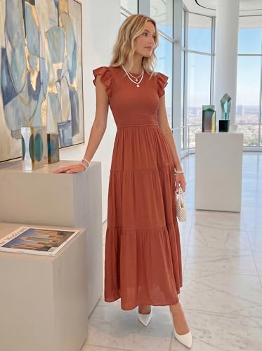 Image of ZESICA Women's 2026 Summer Casual Flutter Short Sleeve Smocked Midi Dress