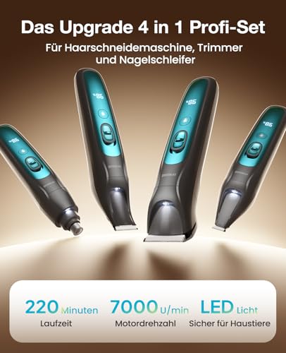 oneisall 4in1 Leise Schermaschine Hund Katze mit LED-Licht, 2025 Tierhaarpflege zum Hundeschermaschine& Pfotentrimmer& Krallenschleifer, 2000mAh Wiederaufladbar Hundehaarschneidemaschine