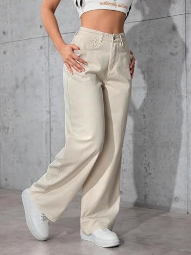 Image of Women's Off-White High Waist Denim Jeans | Straight, Relaxed, Wide Leg & Baggy Fit | High Rise Loose Oversized Denim Pants for Women | Comfortable Casual Everyday Wear | Oversized Woman baggys