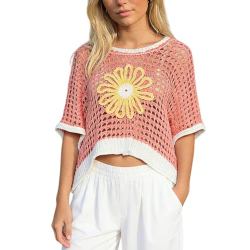 Image of Women Floral Crochet Sweater Short Sleeve Crewneck Hollow Out Lightweight Knit Pullover Tops 2025 Summer Beach Cover Ups