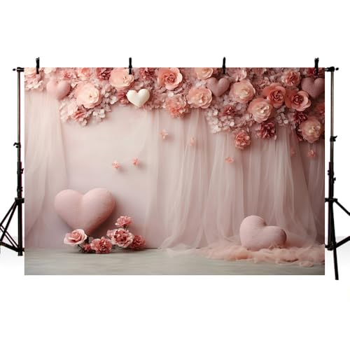 AIBIIN Telón de fondo rosa para fotografía del día de San Valentín, diseño de flores de corazón de amor, fondo de cortina para baby shower, cumpleaños, boda, fiesta, retrato, decoración de telón de