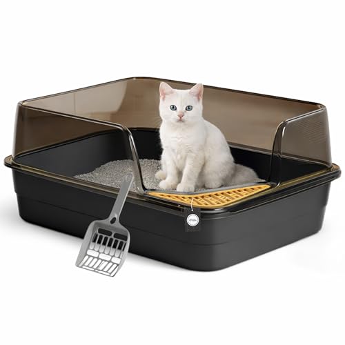 Image of Litter Tray with Scooper for Small to Large Cats (Tidy Corner, Black) (61 x 41 x 25 cm) | 24 inch Durable, Semi-Enclosed Sleek Design Tray with Corner Foot Grid for Daily Toilet Training