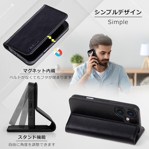 VISOUL iPhone16 対応 ケース 手帳型 本革 スマホケース アイフォン16 レザーMagSafe対応 アイホン16 横置きスタンド機能 カード収納 あいふぉん16 携帯ケース 全面保護 マグネット 耐衝撃に強いTPU素材カバー 6.1インチ対応 アイフォン16 ブラック