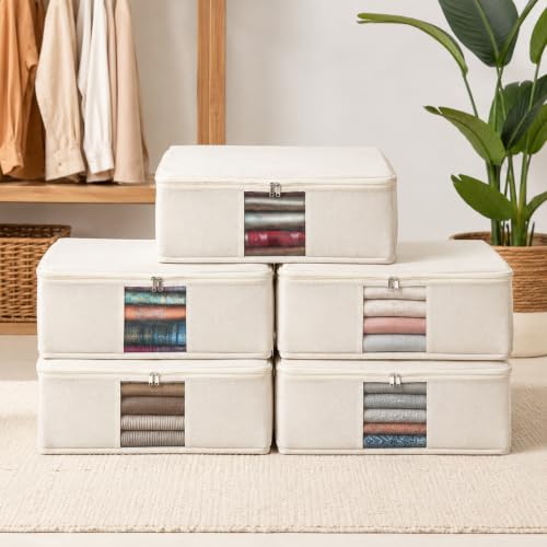 Image of Amazon Brand - Solimo Polycotton Cloth Storage Box with Mesh Window| Pack of 5 | Multi Purpose Storage | Beige