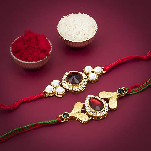 Image of Sukkhi Rakhi for Brother Stylish Kundan Combo & Designer Gold Plated with Roli Chawal & Greeting Card Set of 2