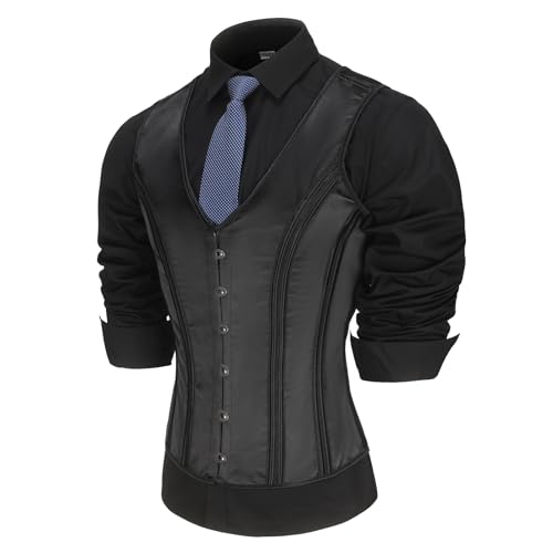 Mens Corset Suit Vest Vintage Waistcoat Black Slimm Fit Lace Up Boned 6 Buckles Tight Tops Wedding Stage