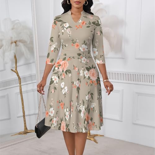 Image of PinkPatty Women's Casual A-line Midi Dresses 3 /4 Sleeve V Neck Fit and Flare Dress with Pockets