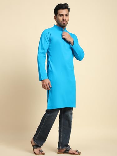 Image of SKAVIJ Men's Cotton Kurta Casual Long Shirt Regular Fit (XX-Large, Turquoise)