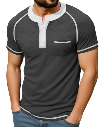 KUYIGO Mens Henley Short Sleeve T Shirt Casual Button Basic Tee Shirts Summer with Pocket, Dark Gray, L