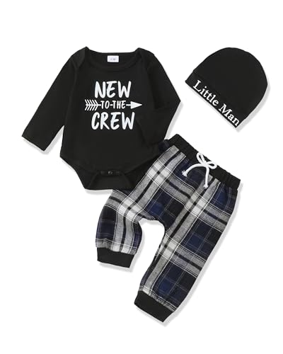 Image of Renotemy Newborn Baby Boy Fall Clothes, Long Sleeve Letter Printed Rompers Plaid Pants Hat Outfits Clothing Set 0-18 Months