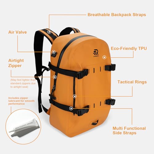 Image of IPX7 Waterproof Backpack for Kayaking, Paddle Boarding, Boating, Premium 30L Dry Bag with Resin Zipper, Airtight Rugged Gear Protection Large Capacity for Men, Water Sports, Surfing, Orange
