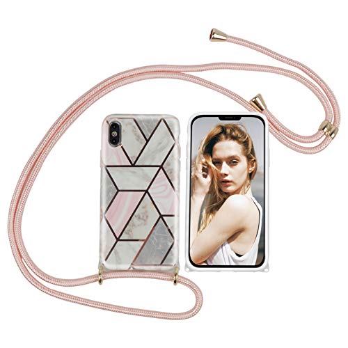 Nupcknn Funda Marmol con Cuerda para iPhone X/XS, Carcasa TPU Suave Silicona Case con Correa Colgante Ajustable Collar Correa de Cuello Cadena Cordón(Oro Rosa)