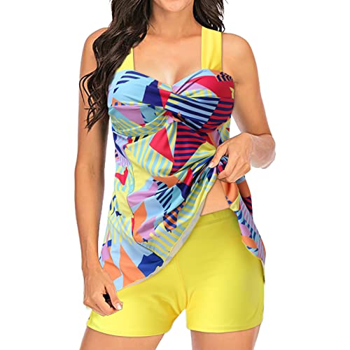 Tankini pour femme et bikini bandeau : maillot de bain croisé deux pièces imprimé jaune