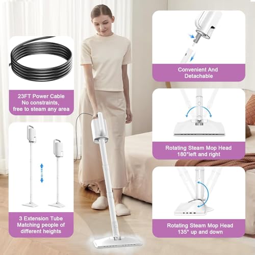 Image of 6-in-1 Steam Mop, 1200W Rotated Steam Cleaner for Home, 2 Modes, 400ML Removable Tank, 23FT Power Cord, 2 Pads, Multi-Surface Steamer for Hard Floor, Laminate Floor, Tiles Cleaning (First Frost)
