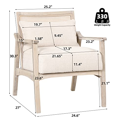 Olela Accent Chair Mid Century Linen Armchair Reading Chair With Lumbar Pillow,Retro Rattan Weave Back Upholstered Arm Chair For Living Room,Bedroom #TOP5