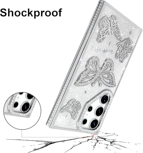 Image of Elzzi Electroplated Butterfly Phone Cover for Samsung S25 Ultra Case, Showcasing Pearlescent Diamond Soft TPU, Camera Protection, Shockproof, Drop-Resistant Stylish for Girls & Women (Silver)