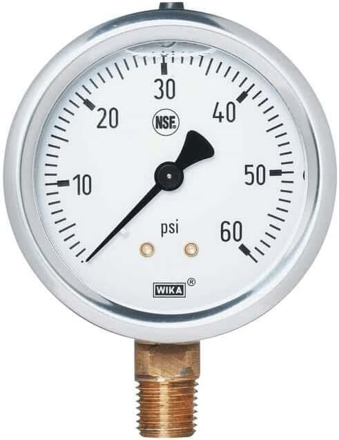 Wika 213.53DW 2 NSF-Certified Pressure Gauge, 0 to 60 PSI, 1/4" NPT(M) Connection, Glycerin Fill