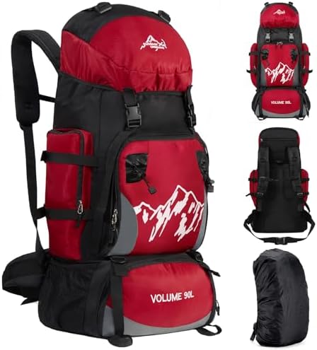 90L Hiking Backpack, Camping Travel Backpack with Rain Cover Lightweight Travel Daypack for Climbing Camping Touring (Red)
