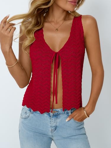 Image of LILLUSORY Crochet Tops for Women Summer Vacation Outfits Beach Coverup Going Out Tie Front Spring Sweater Vest 2026 Fashion