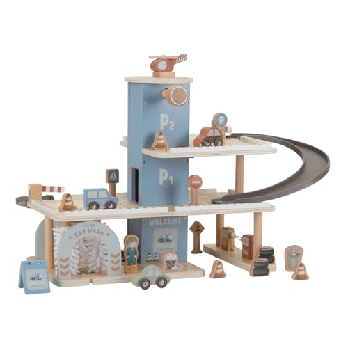 Little Dutch Parkhaus Parkgarage 3 Etagen aus Holz Spielset mit viel Zubehör - blau