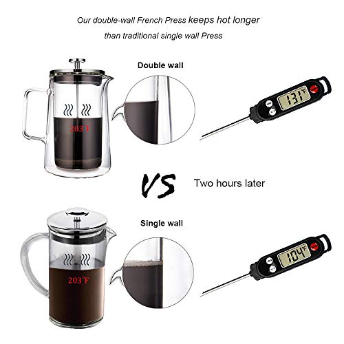 French Press Coffee Maker, Double Wall Vacuum Insulated Thermal Borosilicate Glass, 4 Level Filtration System with No Grounds, 34 Oz, 1000ML - Thumbnail 6