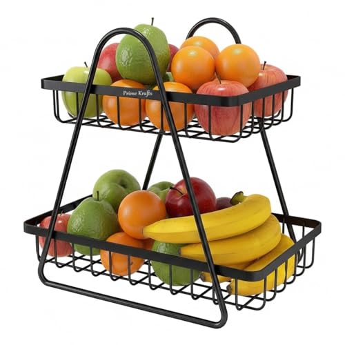 Image of 2 Tier Metal Fruit and Vegetables Basket with Handle|Fruit Vegetables Snacks and Bread Organizer for Kitchen, Dining Table, Livingroom|Bathroom Countertop Basket Stand - Black