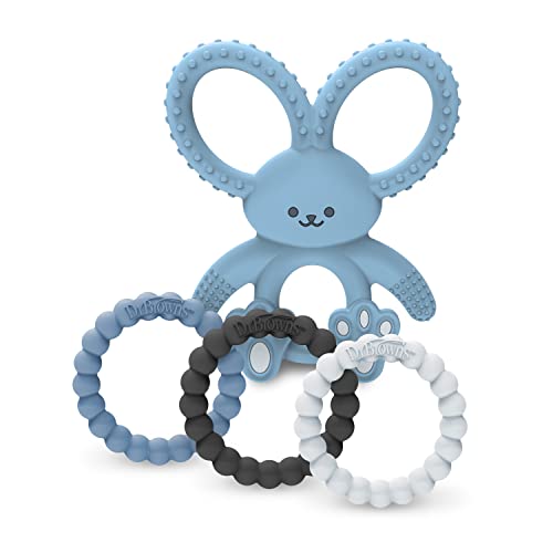 Image of Dr. Brown’s Flexees Beaded Teether Rings and Bunny Teether, 100% Silicone, Soft & Easy to Hold, Encourages Self-Soothe, 4-Pack, Blue, Light Blue, Black, BPA Free, 3m+