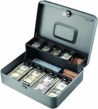 Cash Box with Safe Key Lock | Tiered Money Coin Tray and Bill Slots | Portable and Compact | 4 Keys | Metal Lockable Storage Box for Change, Petty Cash, Fundraiser, Garage Sale-image-25