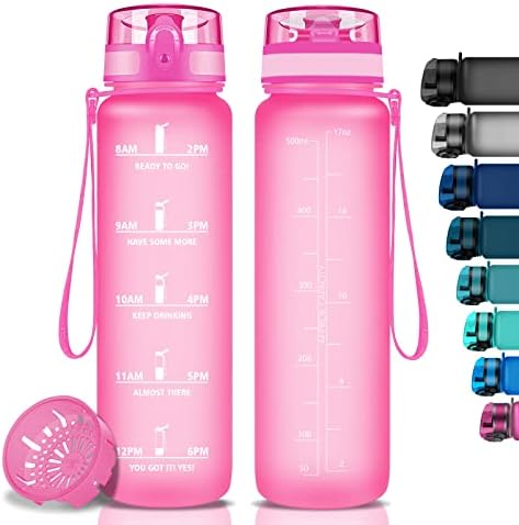 Sports Water Bottle with Motivational Time Marker, 1L Leakproof BPA Free Tritan Drink Bottles, Large 1 Liter Water Bottle with Fruit Infuser Strainer Ideal for School, Cycling, Gym, Camping