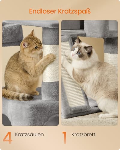 Feandrea Kratzbaum, 136 cm hoch, Katzenbaum, mehrstöckiges Katzenhaus, mit 4 Kratzsäulen, 3 Plattformen, Liegemulden, Höhle, hellgrau PCT012GD01-5